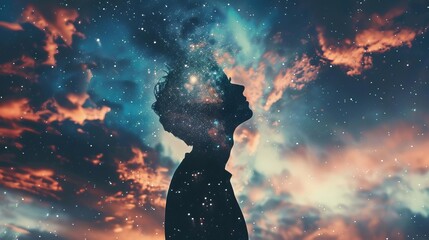 A surreal photo manipulation of a person's silhouette filled with a starry night sky