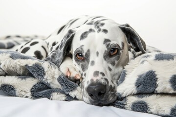 Dalmatian dog laying in the bed isolated on white background. ai generative