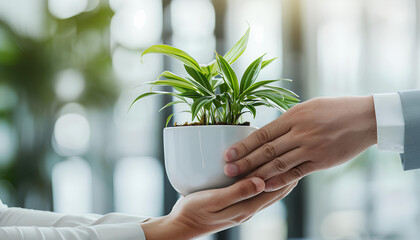 Business hands giving pot with green plants to each other are the symbol of green business company on blurred white office background