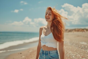 woman red hair smiling relax enjoy summertime walking along the beach. ai generative