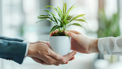 Business hands giving pot with green plants to each other are the symbol of green business company on blurred white office background