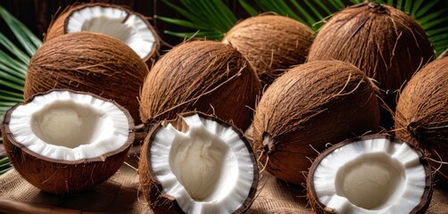   A heap of coconuts resting on a wooden cutting board with an assortment of green palm fronds nearby