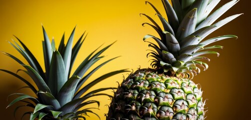 Fototapeta premium Pineapples on a wooden table with a yellow wall