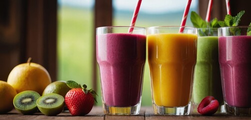 Fototapeta premium A table featuring three glasses holding various smoothie flavors and a pile of fruit nearby