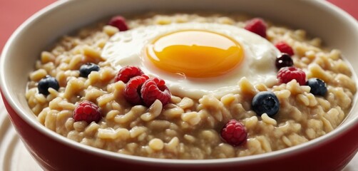   A bowl of oatmeal topped with a fried egg and garnished with berries