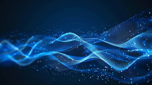 Abstract Blue Digital Waves with Artificial Neural Network Connections, Cyber Background