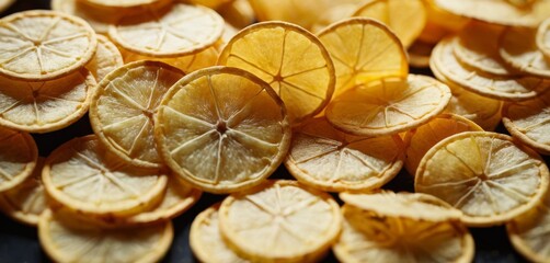   A heap of lemon wedges resting on a black surface with nearby chopped lemons