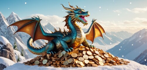   A dragon figurine atop coins atop gold coins - obrazy, fototapety, plakaty