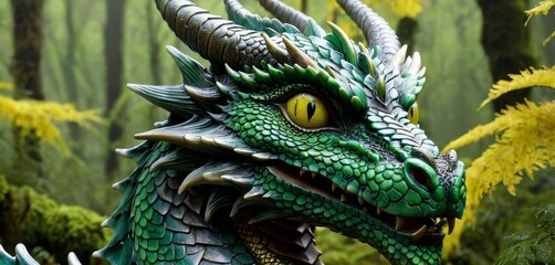 Obraz premium A majestic green dragon statue graces the heart of a verdant forest, surrounded by towering yellow-green foliage