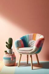 beautiful colors knitted chair on pastel background