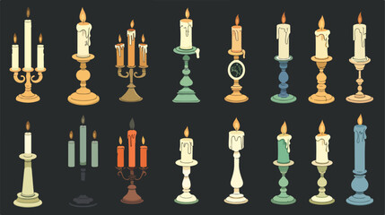 Fototapeta na wymiar Candles in Candlesticks Vector Set. Vintage Candle