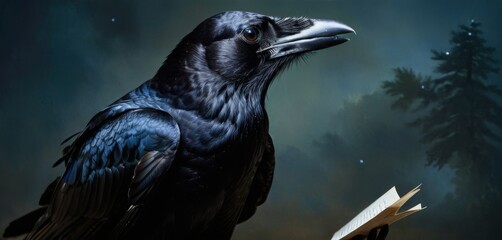   A painting of a black bird with a book in its beak and a forest in the background - obrazy, fototapety, plakaty