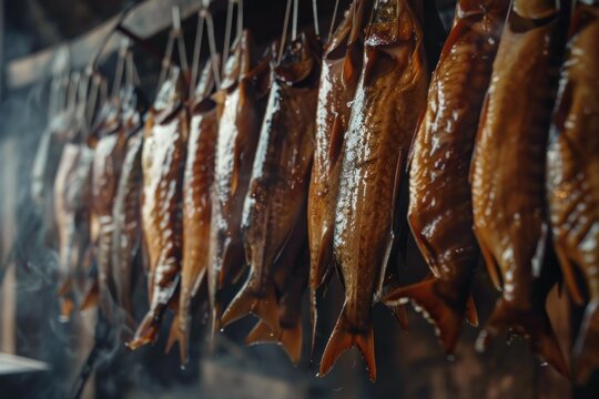 Close up Smoked fish hanging in smokehouse. ai generative