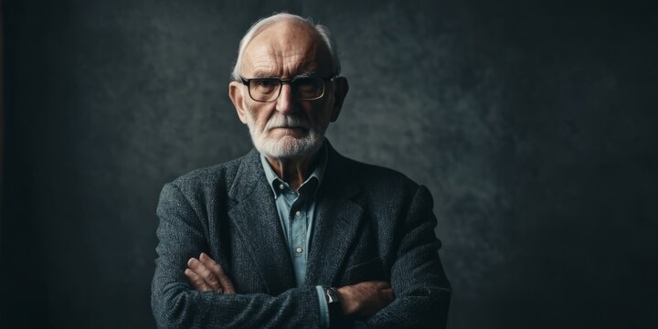   An elderly man, wearing glasses, stands with his arms crossed and gives a stern gaze towards the camera
