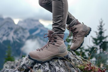 Female hiker legs with modern trekking and climbing boots on a rock in mountains. ai generative