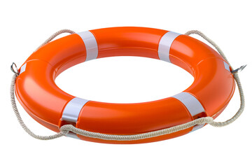 A lifebuoy isolated on a white or transparent background. Close-up of an orange lifebuoy. Graphic design element on the theme of water safety.