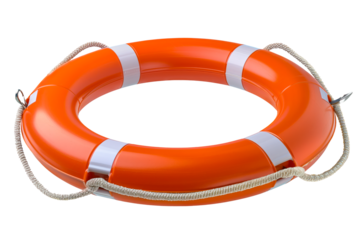 A lifebuoy isolated on a white or transparent background. Close-up of an orange lifebuoy. Graphic design element on the theme of water safety.