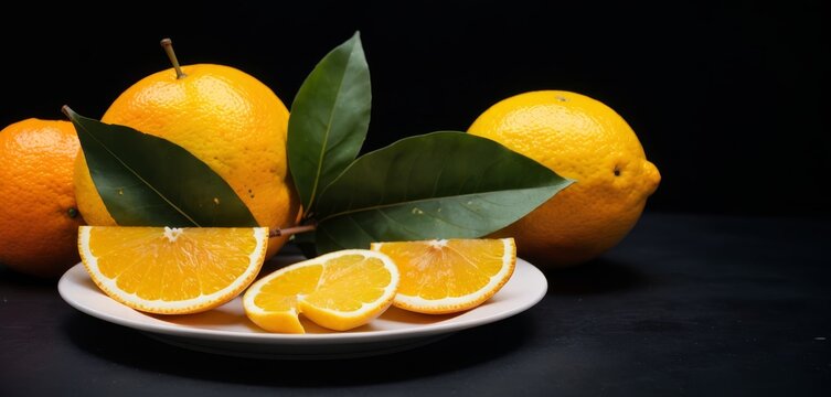   A plate with orange slices and green leaves on a black table