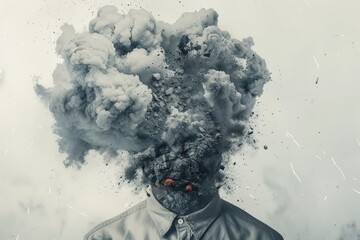 Nuclear explosion mans head on solid white background. ai generative - obrazy, fototapety, plakaty