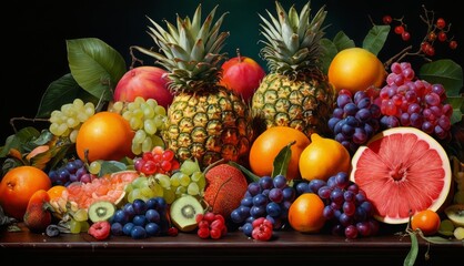 Naklejka na ściany i meble A close-up photo of diverse fruit including pineapples, oranges, grapes, and watermelon