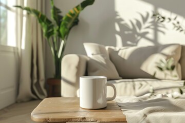 Fototapeta na wymiar white mug mockup in living room ultra details. ai generative