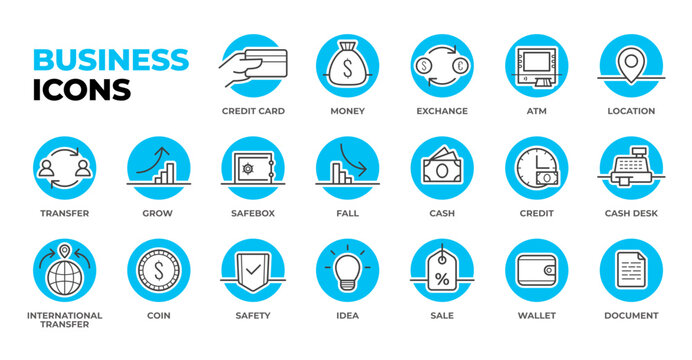 Business icons pack, set of circle vector icons: credit card, exchange, ATM, cash, wallet and sale, money transfer and cashdesk. Lineart minimal design.