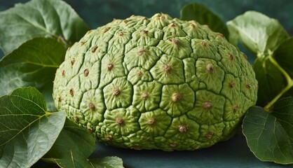 Fototapeta premium A green fruit rests atop a green leaf-covered ground adjacent to a leafy green plant with brown spots