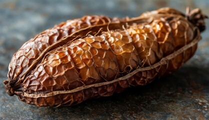 Obraz premium A sharp photo of a single pine cone resting atop a dark table