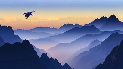 Fototapeta premium Twilight Majesty: Eagle soars high as day gives way to a symphony of sunset hues.