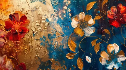 Foto op Plexiglas Abstract oil painting with flowers, leaves and luminous golden texture, modern art print © Bijac
