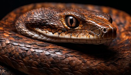 Fototapeta premium A close-up shot of a snake's head on a branch, with its tongue extended and eyes wide open