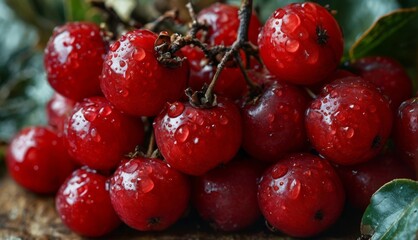 Obraz premium A bountiful cluster of cherries resting atop a wooden table amidst drizzling rain and lush foliage