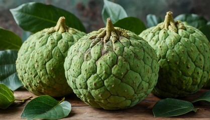 Obraz premium An artichoke cluster rests atop a wooden surface, surrounded by greenery including foliage and a nearby plant