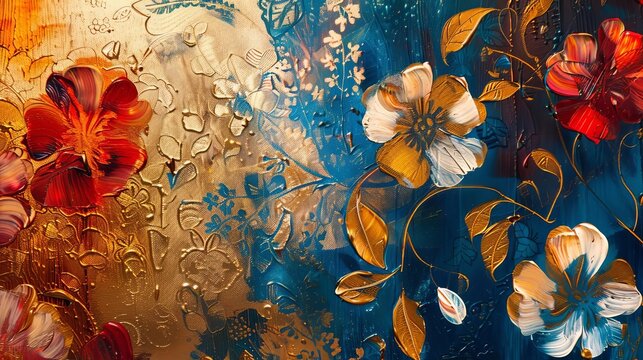 Abstract oil painting with flowers, leaves and luminous golden texture, modern art print