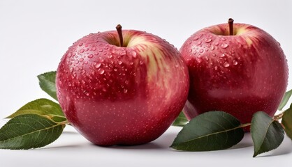   Two red apples sit side-by-side atop a green branch, adorned with water droplets