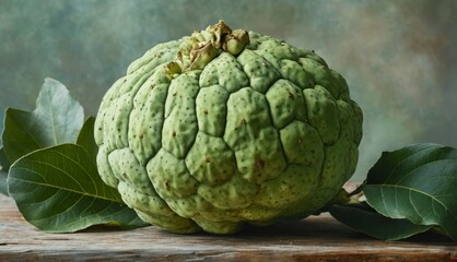Fototapeta premium A green artichoke on a wooden table surrounded by leaves against a green wall background