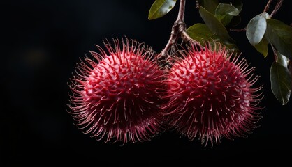   A close-up of two fruits on a tree branch with leaves on the branch and one fruit on the other side