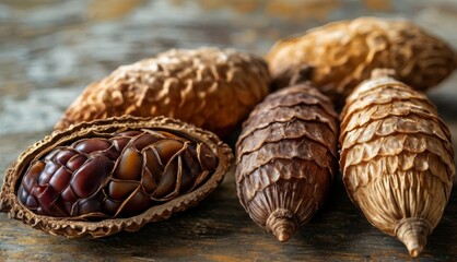   A close-up of a group of nuts on a table, with one nut at each end - obrazy, fototapety, plakaty