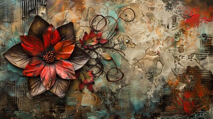 Abstract painting with metal elements, textured background and floral elements, modern artwork