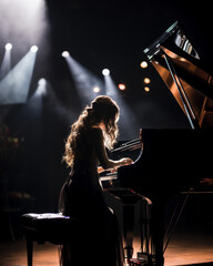 woman pianist with long, sits before a grand piano, her silhouette illuminated by soft stage lighting. The concert hall ambiance is captured by the focused beams of light