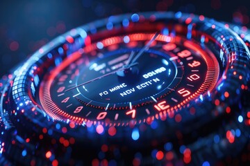 Abstract low-poly 3D network wire and speedometer in dark blue. Superfast internet connection and speed test gauge idea. A digital mesh wireframe containing lines, dots, forms, and luminous particles.