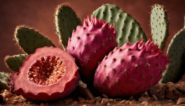   Close-up cactus with half-eaten fruit in fg, whole cactus bkg