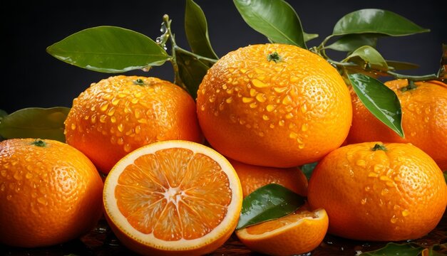   A group of oranges stacked together near some leaves and an orange wedge positioned on a surface