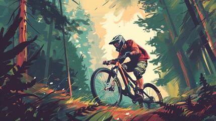 Adventurous Man Practicing Mountain Biking in Dense Forest, Extreme Sports Action, Outdoor Recreation, Digital Illustration