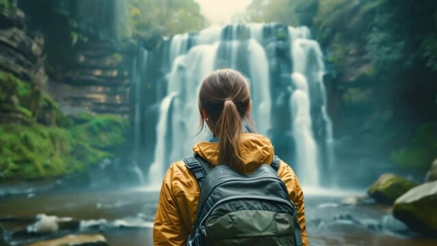A woman stands looking at a waterfall amidst a quiet forest and towering mountains. Beautiful woman in hiking clothes with backpack Surrounded by the beauty of nature