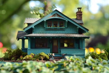 Fototapeta na wymiar An elegant teal craftsman-style miniature house, its intricate details highlighted under the clear, bright light.