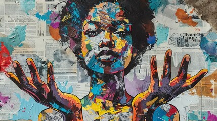 African Woman with Open Hands, Graffiti Collage of Newspapers and Colorful Paint Splashes, Mixed Media Illustration