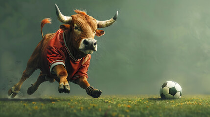 Surreal of a Bull Soccer Player on Lush Green Pitch with Studio Lighting - obrazy, fototapety, plakaty