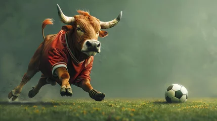Fotobehang Surreal of a Bull Soccer Player on Lush Green Pitch with Studio Lighting © vanilnilnilla