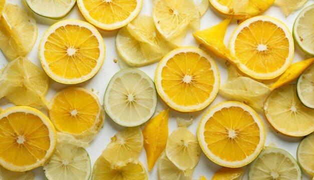   Close-up photo of halved sliced lemons and limes on white background